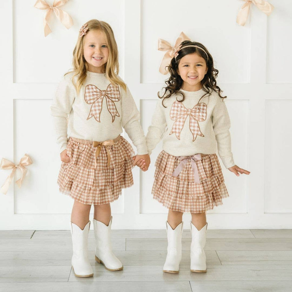 Gingham Bow Patch Sweatshirt - Natural - Girls Clothes