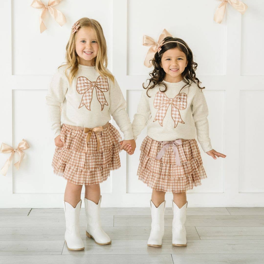 Gingham Bow Patch Sweatshirt - Natural - Girls Clothes