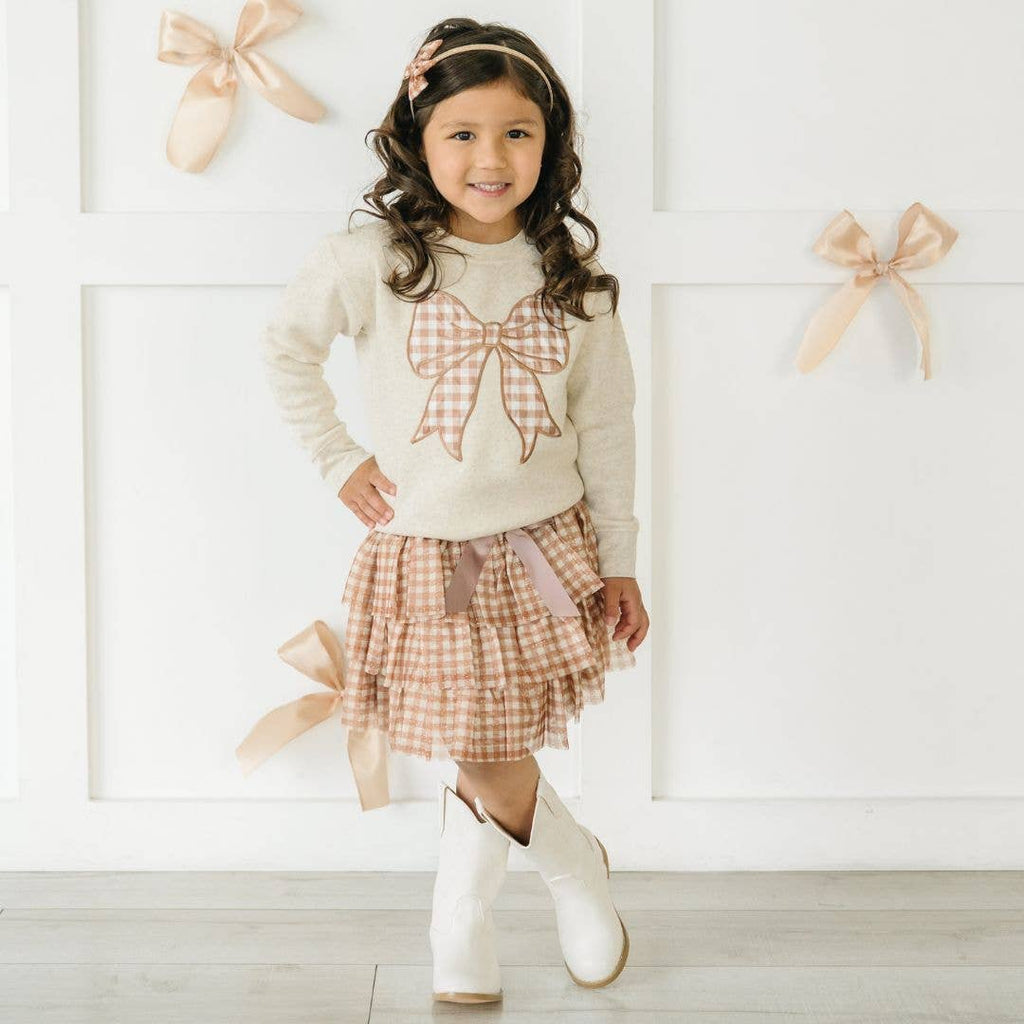 Gingham Bow Patch Sweatshirt - Natural - Girls Clothes