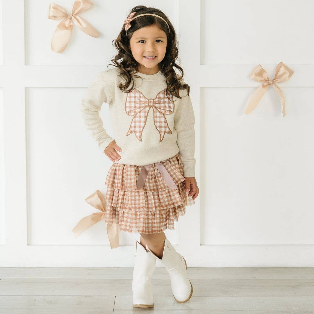 Gingham Bow Patch Sweatshirt - Natural - Girls Clothes