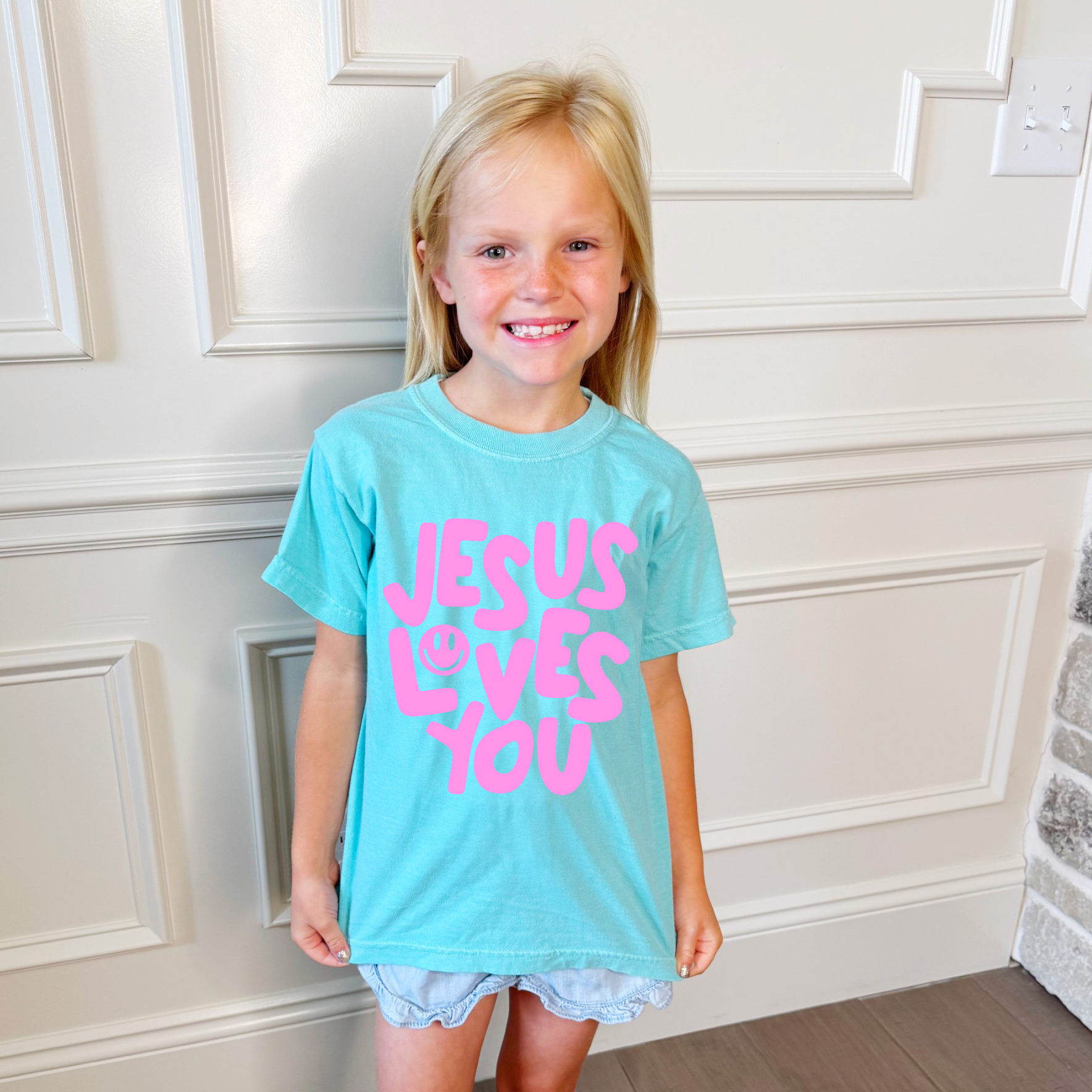 Smiley Jesus Loves You Puff Youth Tee