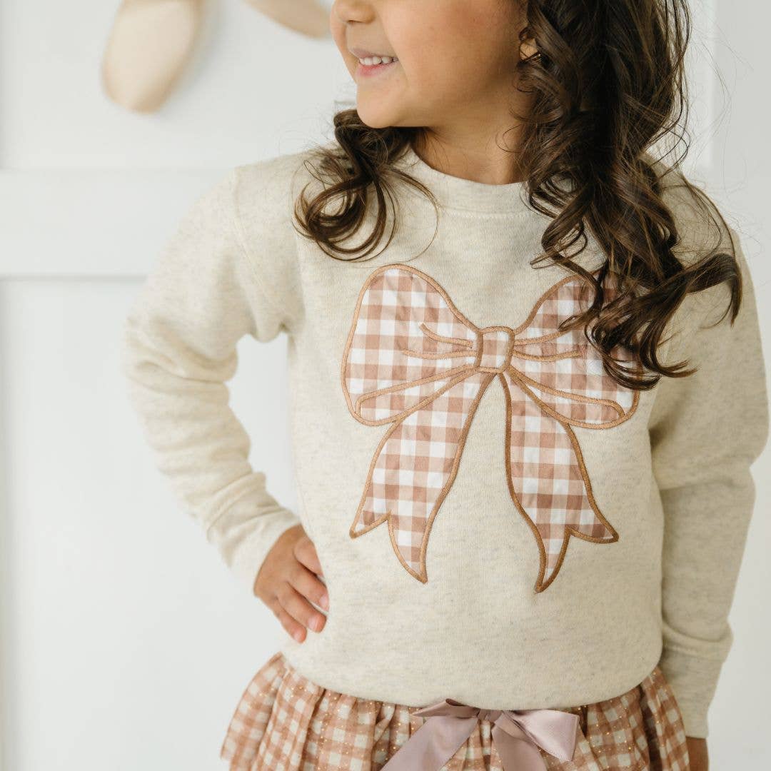 Gingham Bow Patch Sweatshirt - Natural - Girls Clothes