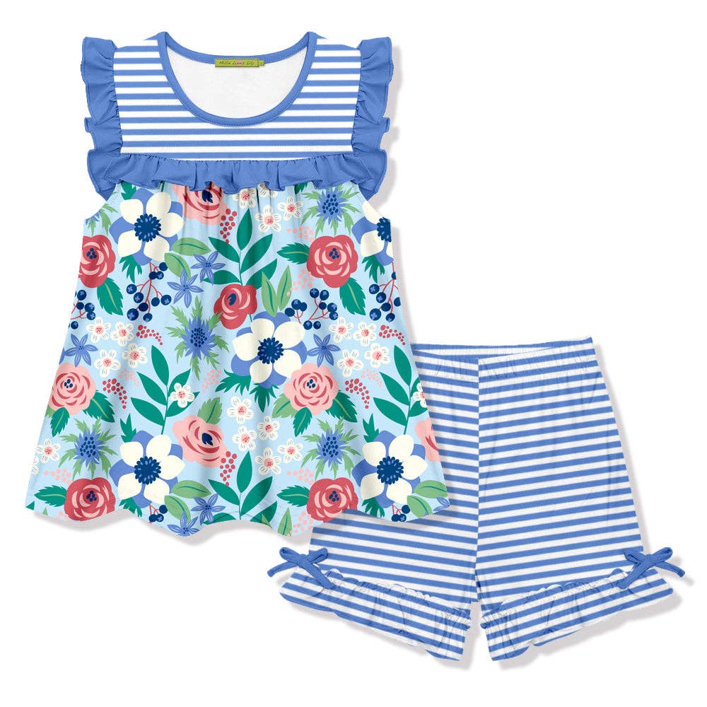Floral Blue & White Stripe Dress Set Kids